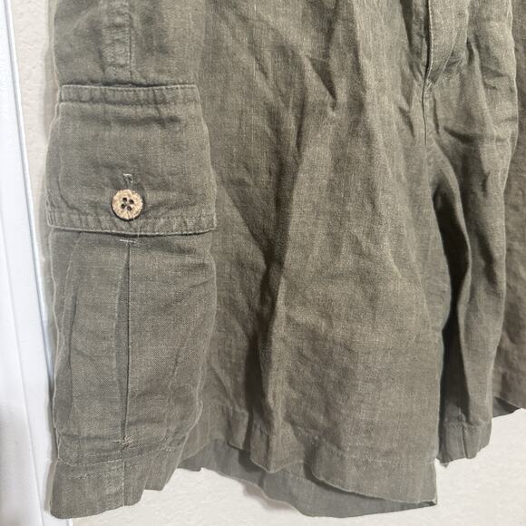 Caribbean 100% Linen Mens Olive Green Cargo Shorts Size 42X8 Drawstring Beach - Picture 2 of 5